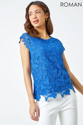 Roman Blue Broderie Butterfly Stretch Overlay Top (Q54248) | £30