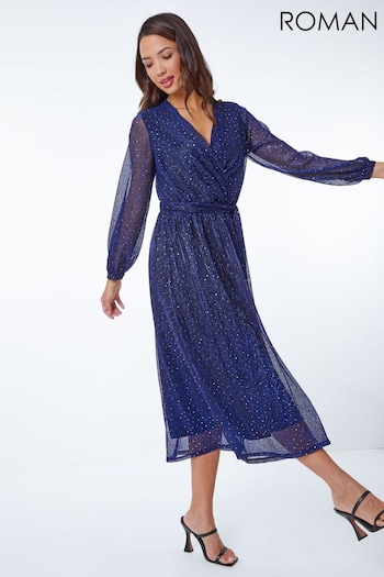 Roman Blue Shimmer Plisse Wrap Dress (Q54319) | £55