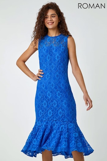 Roman Blue Sleeveless Frill Hem Lace Midi Dress (Q54352) | £50