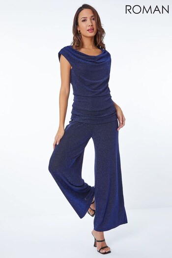 Roman Blue Shimmer Cowl Neck Ruched Stretch Jumpsuit (Q54379) | £55