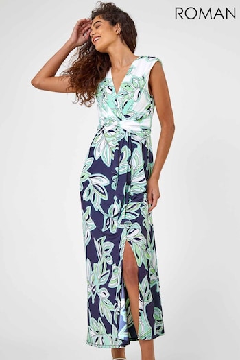 Roman Blue Contrast Leaf Print Wrap Dress (Q54387) | £48