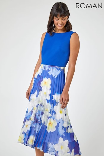 Roman Blue Print Fit & Flare Sleeveless Pleated Midi Dress (Q54468) | £65