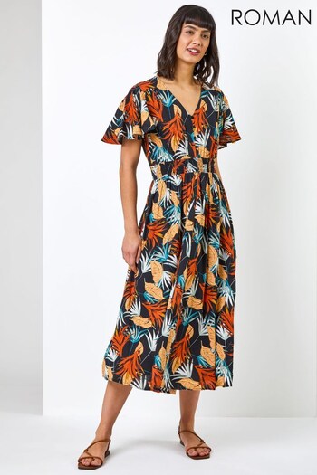 Roman Black Tropical Print Shirred Waist Midi Dress (Q54481) | £42