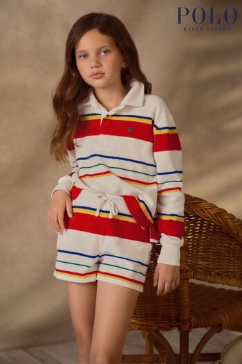 Polo and Ralph Lauren Girls Green Striped Terry Rugby Shirt Shorts Set (Q54522) | £225