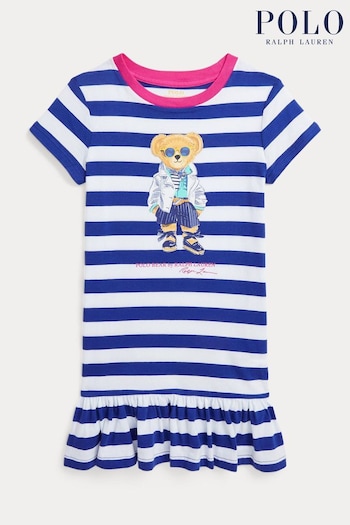 Polo Korte Ralph Lauren Girls Blue Polo Korte Bear Cotton Jersey T-Shirt Dress (Q54525) | £79 - £89