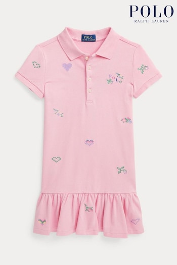 Polo Packers Ralph Lauren Girls Pink Embroidered Stretch Mesh Polo Packers Dress (Q54535) | £105 - £115