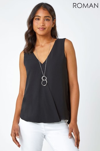 Roman Black Sleeveless Vest Top with Necklace (Q54537) | £30