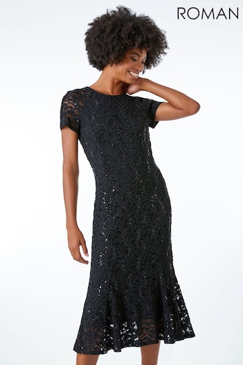 Roman Black Leaf Lace Sequin Midi Dress (Q54607) | £50