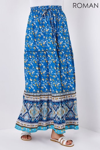 Roman Blue Tiered Floral Print Maxi Skirt (Q54621) | £30