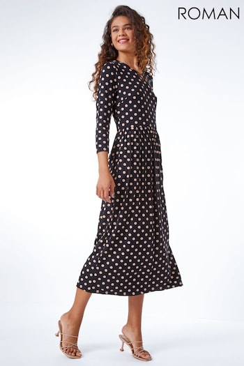 Roman Black Spot Print Gathered Skirt Midi Stretch Dress (Q54624) | £38