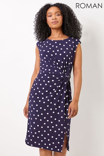 Roman Blue Petite Spot Print Twist Waist Midi Dress (Q54636) | £42