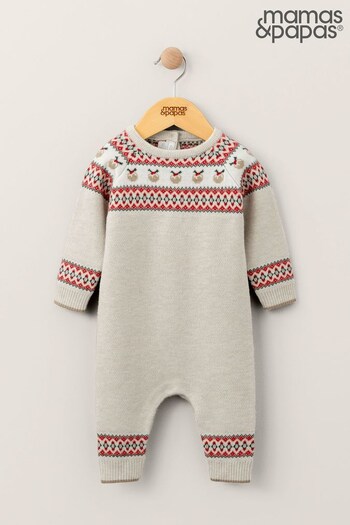 Mamas & Papas Fairisle Knitted Christmas Brown Romper (Q54676) | £29