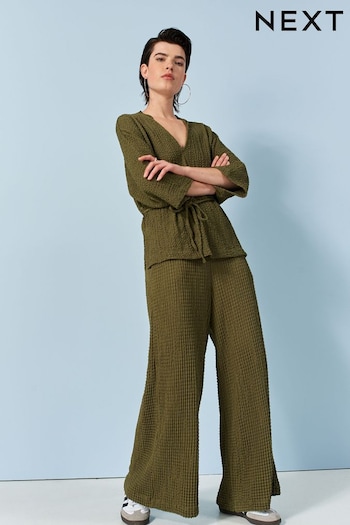 Khaki Green Textured Wide Leg Ruched Trousers (Q54783) | £36