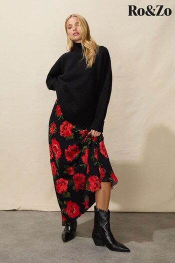 Ro&Zo Red Rose Print Black Skirt (Q54925) | £89
