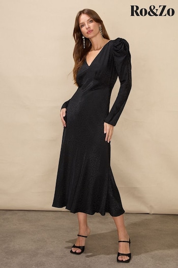 Ro&Zo Satin Jacquard Puff Sleeve Black Dress (Q54957) | £139