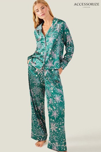 Accessorize Green Star Print Satin Pyjama Set (Q55120) | £45