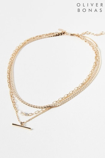 Oliver Bonas Gold Tone Rosalind Chain, Freshwater Pearl and Bar Layered Necklace (Q55301) | £30