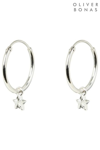 Oliver Bonas Haru Engraved Star Charm Silver Hoop Earrings (Q55403) | £26