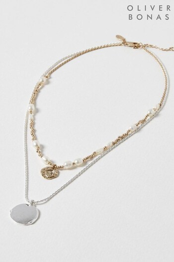 Oliver Bonas Elophia Freshwater Pearl and Disc Drop Layered Silver Necklace (Q55409) | £28