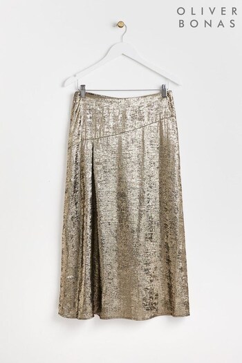 Oliver Bonas Gold Metallic Shimmer Midi Skirt (Q55410) | £59.50