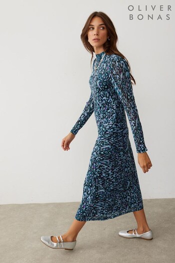 Oliver Bonas Blue Texture Print Mesh Midi With Dress (Q55452) | £75