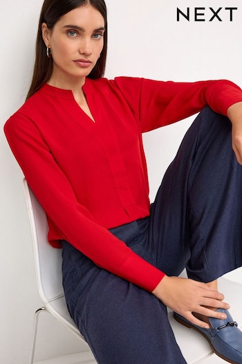 Red Long Sleeve Overhead V-Neck Relaxed Fit Blouse (Q55657) | £24
