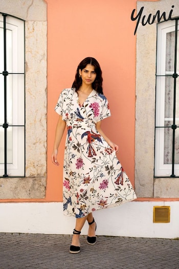 Yumi White Bird and Floral Print Ruched Waist Kimono Midi cross Dress (Q55685) | £55