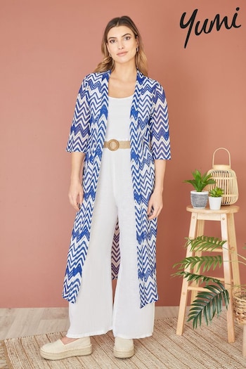 Yumi Blue Zig-Zag Crochet Long Knitted Kimono (Q55689) | £36