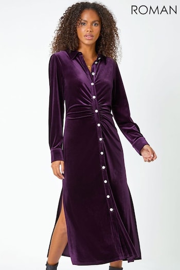 Roman Purple Ruched Velvet Midi met Shirt Dress (Q55723) | £60