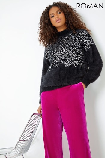 Roman Black Sequin Fluffy High Neck Jumper (Q55729) | £42