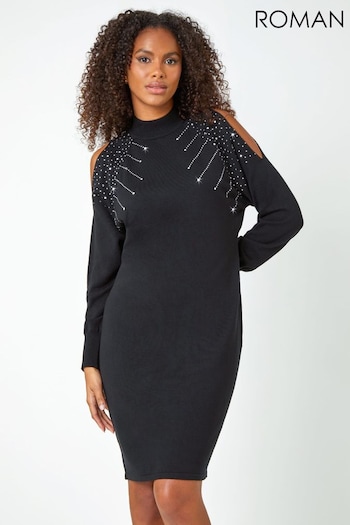 Roman Black Embellished Cold Shoulder Jumper Dress (Q55734) | £45