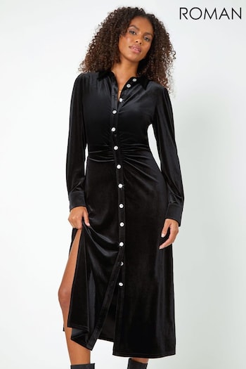 Roman Black Ruched Velvet Midi Shirt Dress (Q55737) | £65
