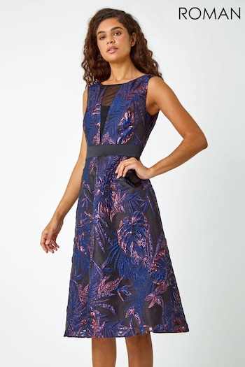 Roman Blue Metallic Floral Print Jacquard Dress (Q55759) | £75