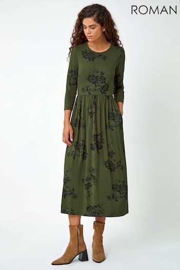 Roman Green Floral Print Midi Stretch Dress (Q55762) | £40
