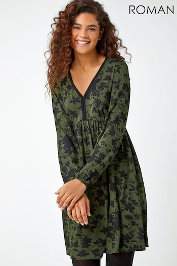 Roman Green Floral Contrast Trim Stretch Dress (Q55770) | £40