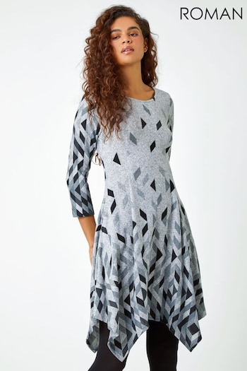 Roman Grey Geometric Print Panelled Stretch Dress (Q55780) | £38