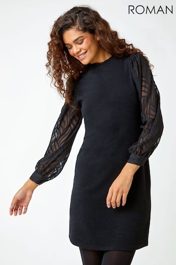 Roman Black Contrast Chiffon Sleeve Stretch Dress (Q55782) | £40