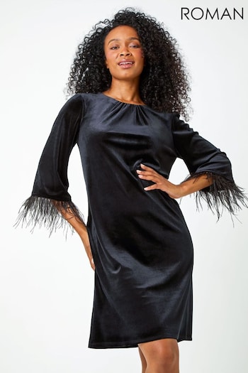 Roman Black Petite Velvet Feather Trim Stretch Dress (Q55792) | £55