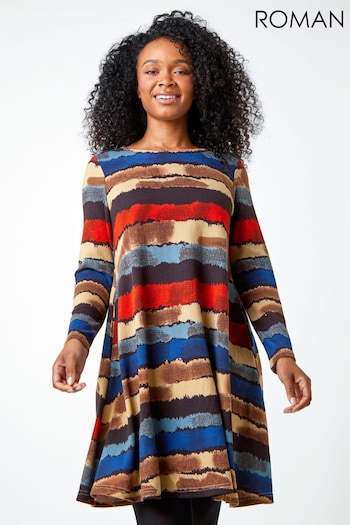 Roman Blue Petite Stripe Print Swing Stretch Dress (Q55804) | £36
