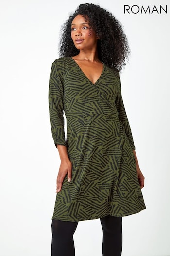 Roman Green Petite Mock Wrap Abstract Stretch Dress (Q55808) | £36
