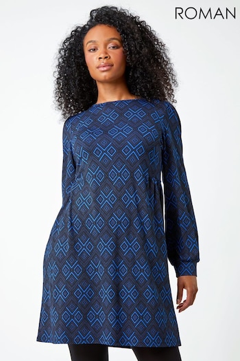 Roman Blue Petite Aztec Print Stretch Dress (Q55814) | £36