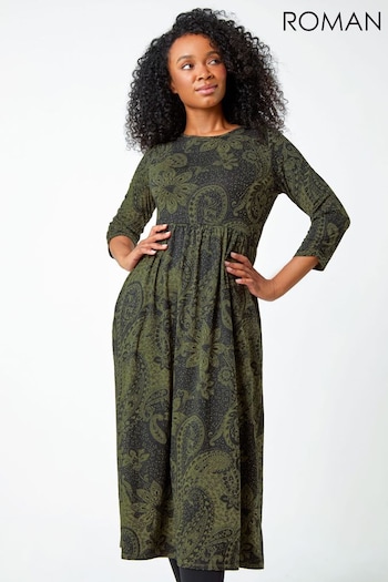 Roman Green Petite Paisley Print Midi Stretch Dress (Q55815) | £38