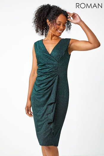 Roman Green Petite Ruched Waterfall Stretch Dress (Q55819) | £55