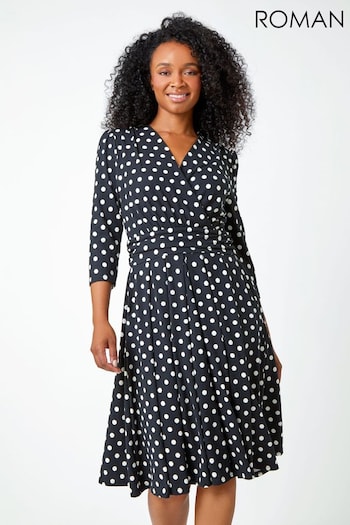 Roman Black Petite Polka Dot Midi Stretch Dress (Q55829) | £42