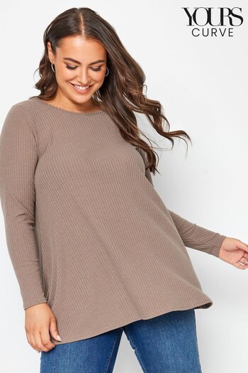 Yours Curve Brown Long Sleeve Ribbed Swing Top (Q55988) | £22