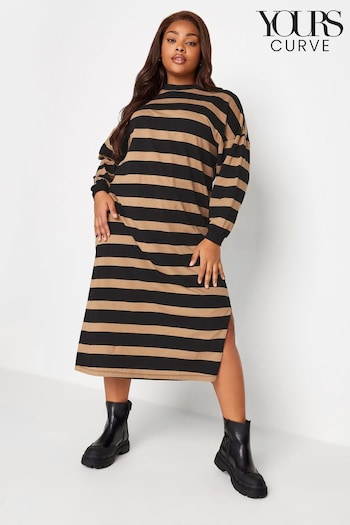 Yours Curve Natural Oversized Long Sleeve T-Shirt Jumbo Stripe Cuffed Dress (Q55994) | £29