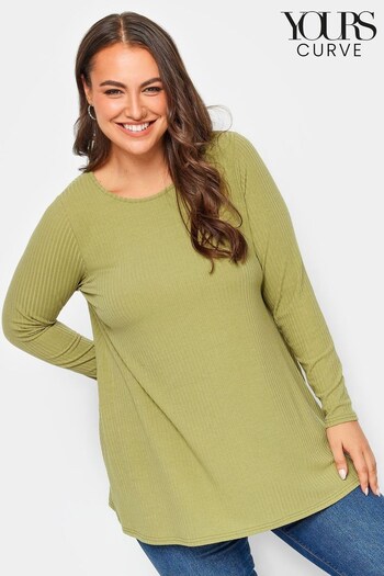 Yours Curve Green Long Sleeve Ribbed Swing Top (Q56016) | £22
