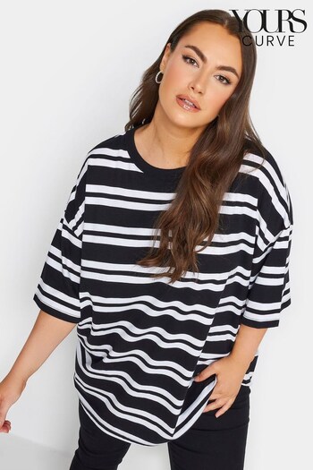 Yours Curve Black Engineered Double Stripe Boxy T-Shirt (Q56033) | £19