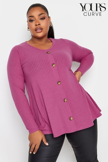 Yours Curve Pink Limited Long Sleeve Ribbed Button Front Top (Q56036) | £24