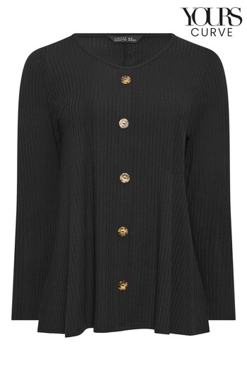 Yours Curve Black Limited Long Sleeve Ribbed Button Front Top (Q56060) | £24